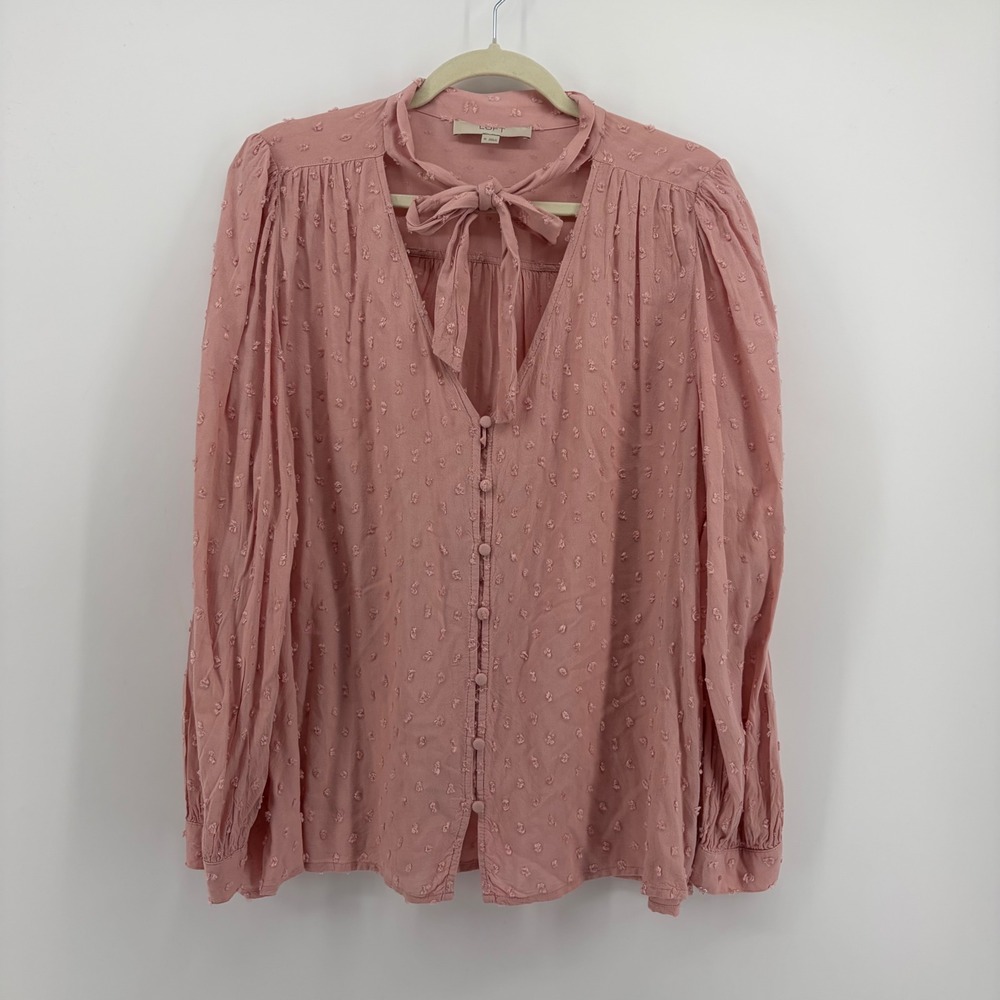 Loft Womens XL Pink Blouse Clip Dot Tie Neck Button Front Long Sleeve Top